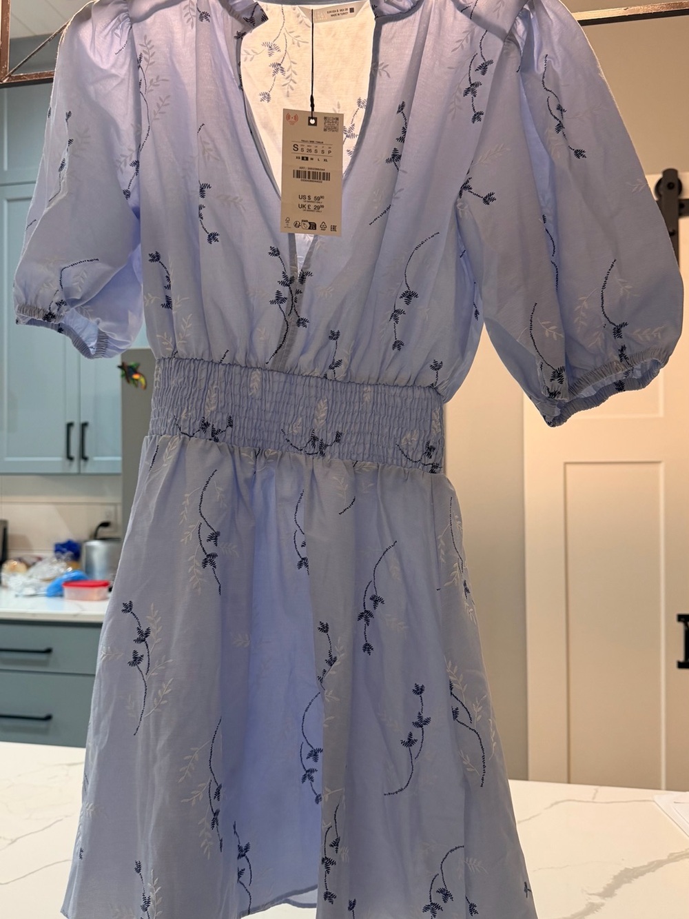 Zara NWT Light Blue Embroidered V-Neck Smocked Waist Dress